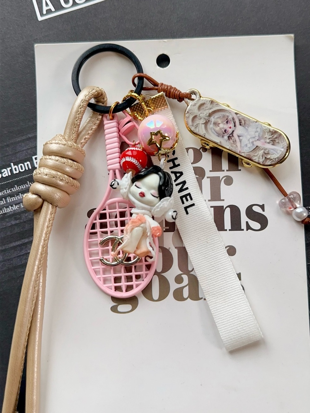 Authentic CC Ribbon Pink Charm Keychain with character & Tennis Racket